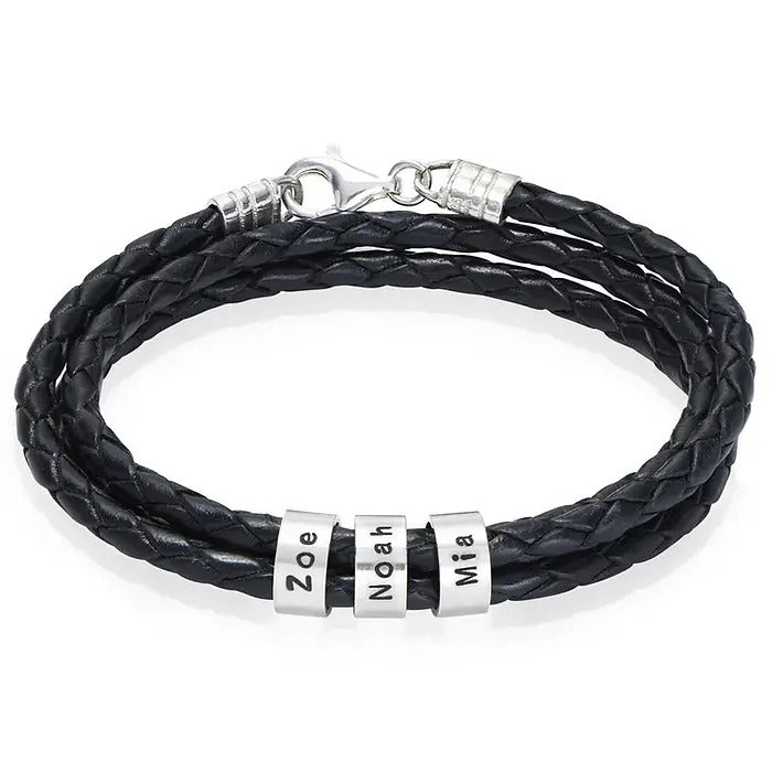 Leather Bracelet for Men with Small Custom Beads in Silver