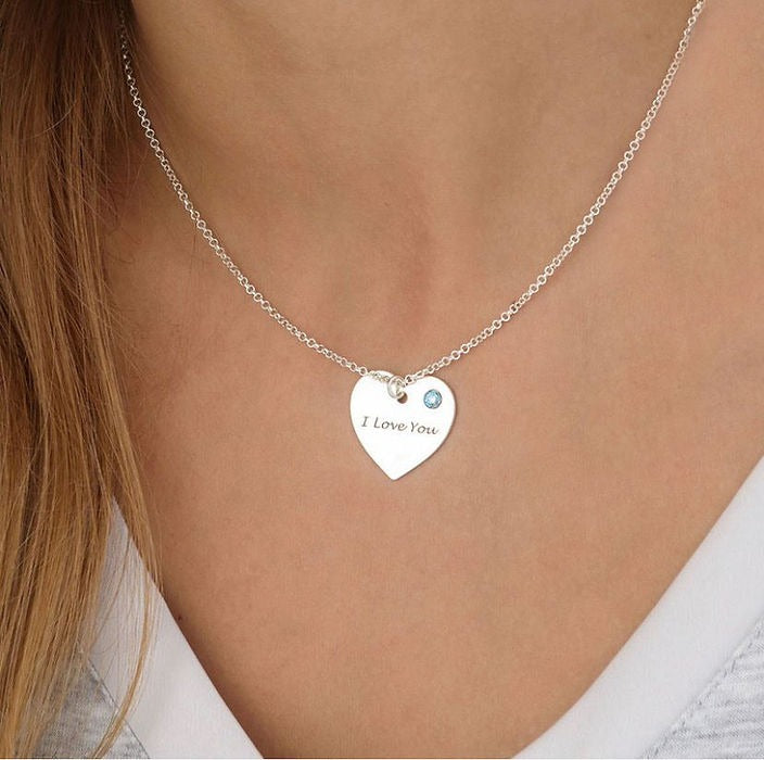 Engraved Heart Necklace with Birthstone