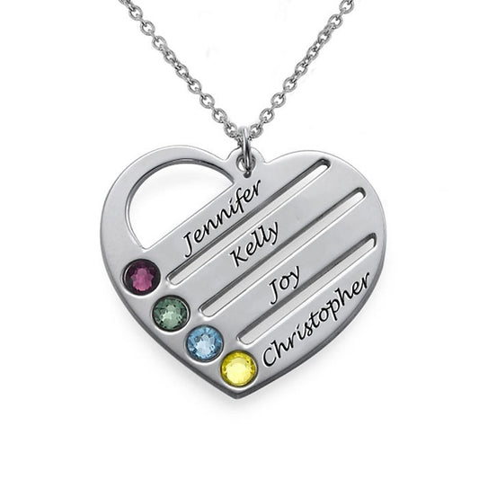 Birthstone Heart Necklace with Engraved Names