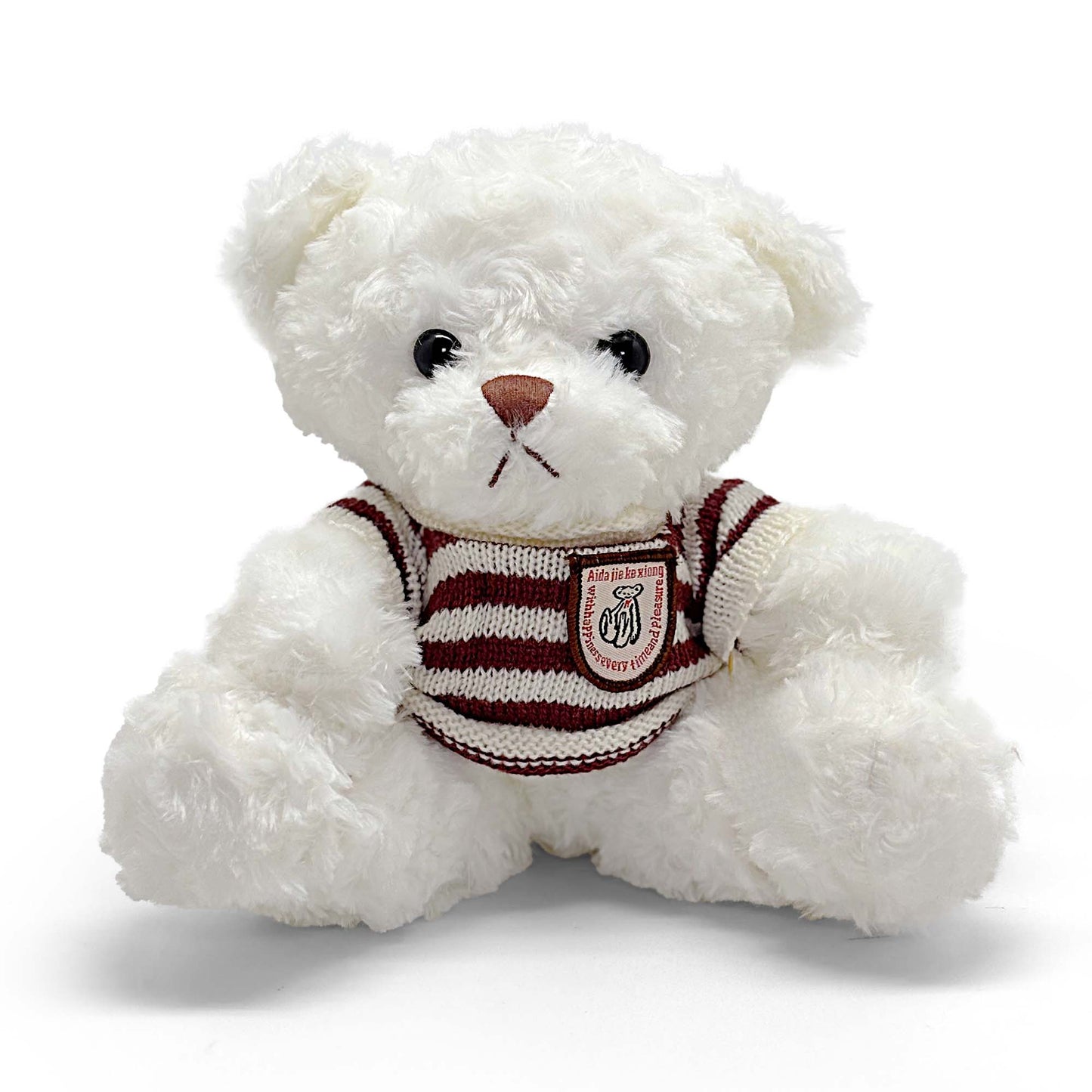 White Teddy Bear 25cm with White & Maroon Stripes T-shirt