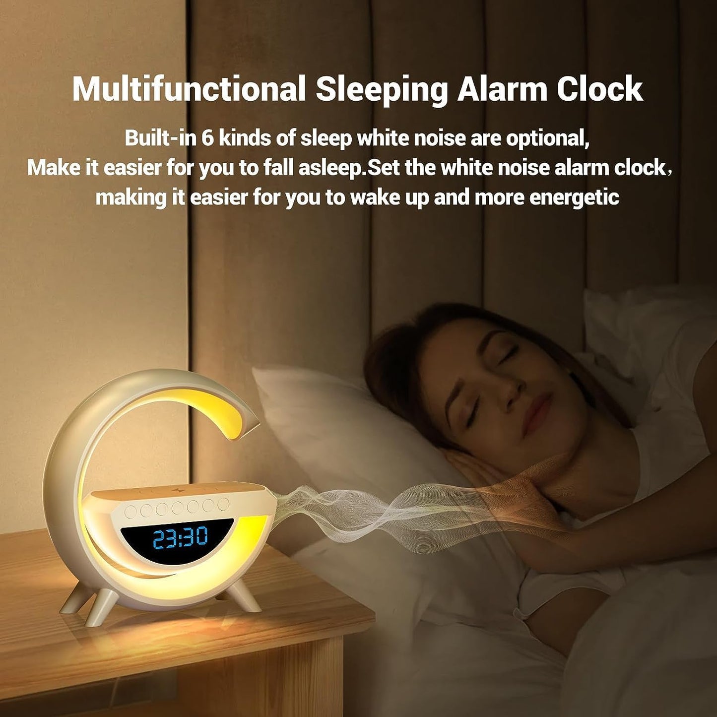 Atmosphere Night Light, Wireless Phone Charger, Bluetooth Speaker, Alarm Clock - All in One LED Table Lamp