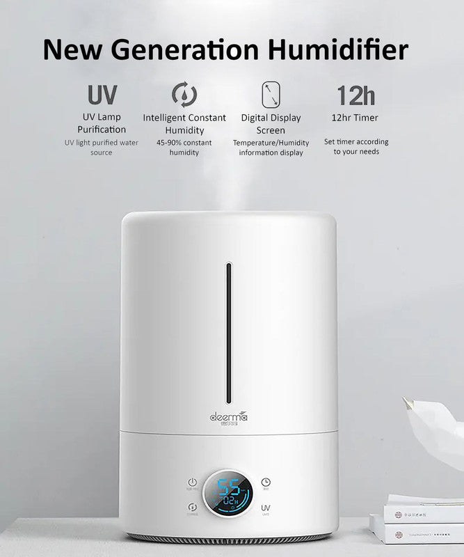 Deerma F628S Touch Display Smart Humidifier 5Liters Capacity UV Lamp Sterilization 3 Gear Mist Volume 12H Timing Touch Display 30dB Low Noise - White