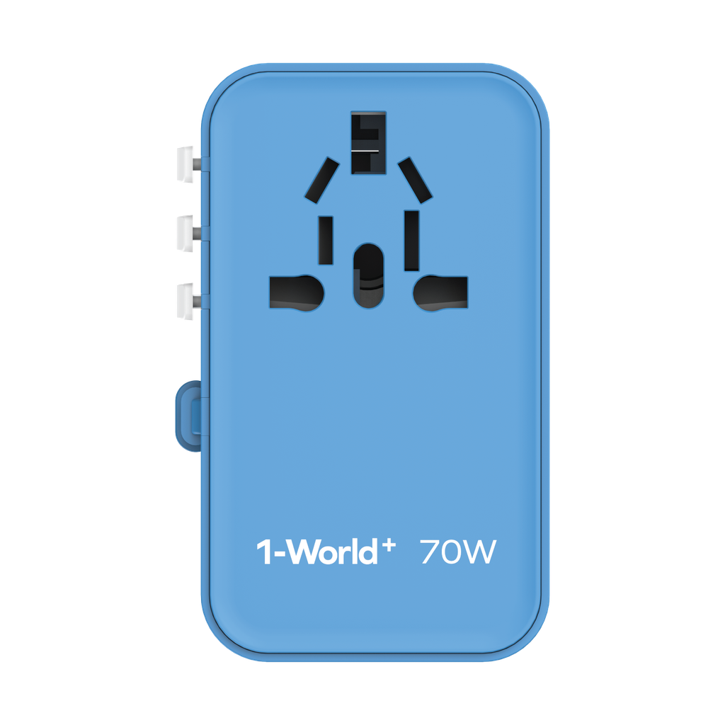 1-World 70w Gan 3 Port مع كابل USB-C مدمج ومحول تيار متردد - أزرق