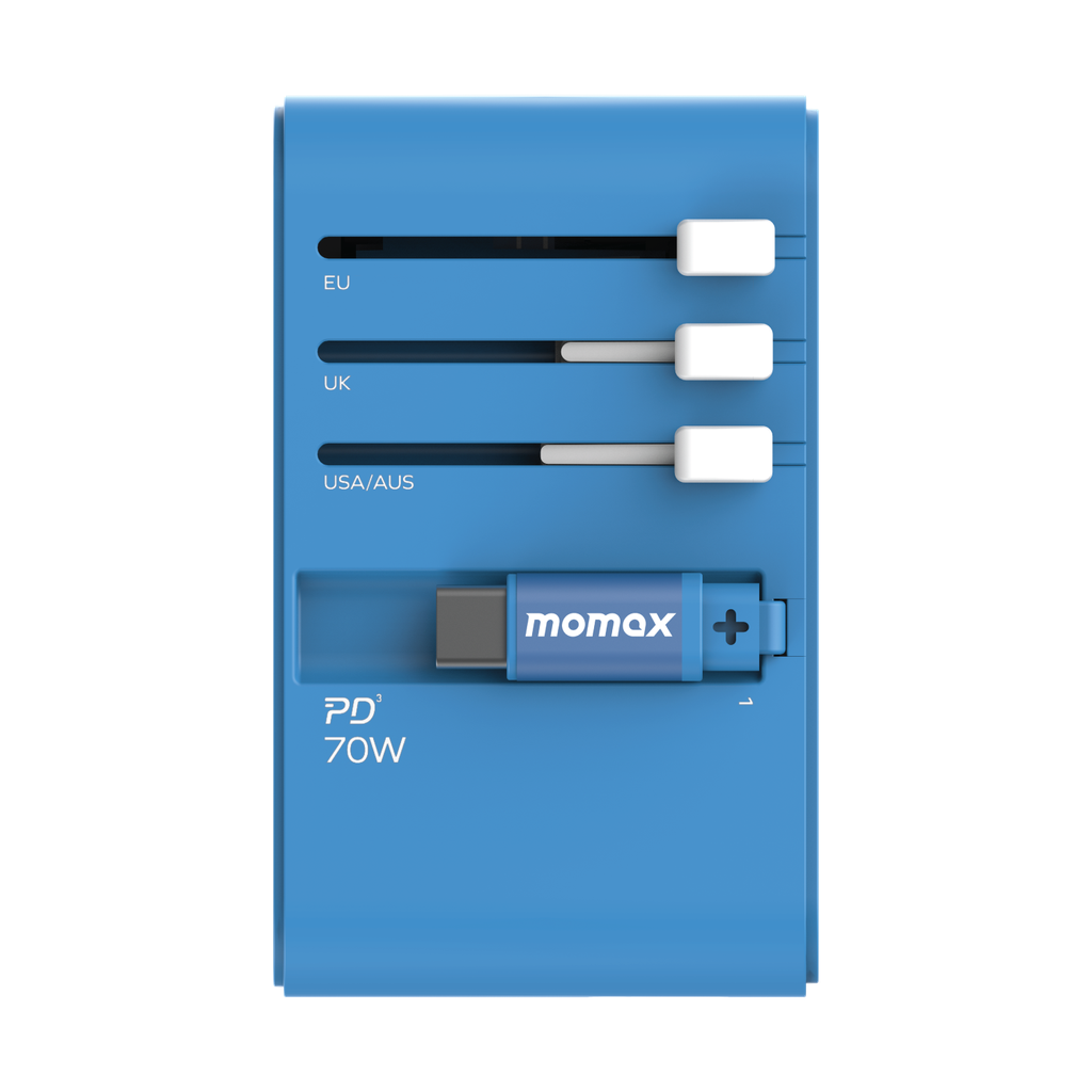 1-World 70w Gan 3 Port مع كابل USB-C مدمج ومحول تيار متردد - أزرق