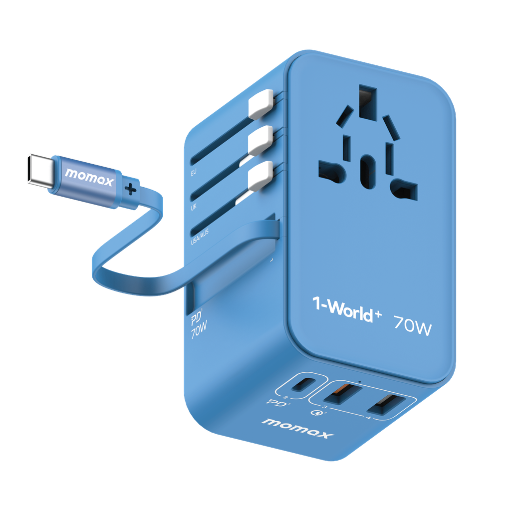 1-World 70w Gan 3 Port مع كابل USB-C مدمج ومحول تيار متردد - أزرق