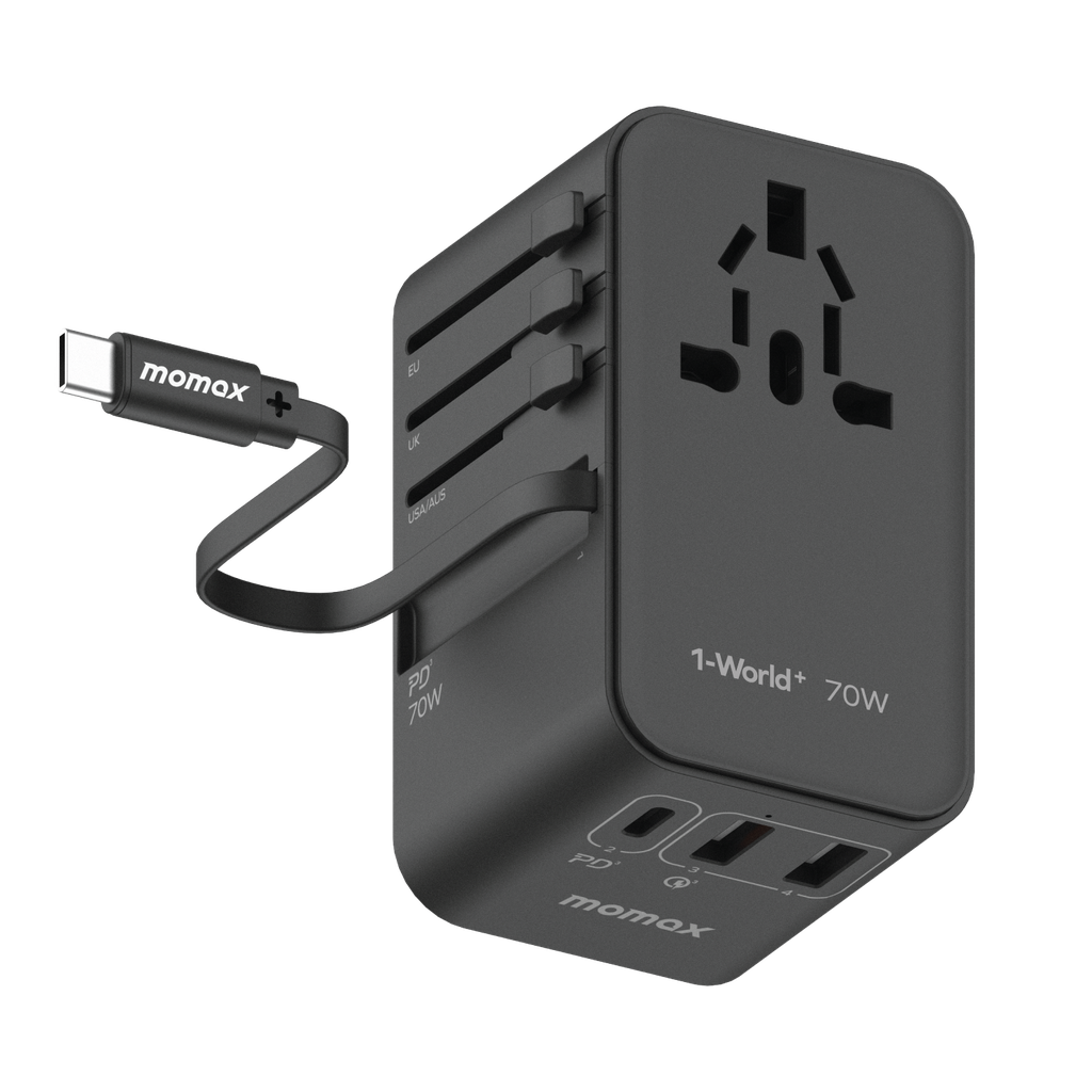 1-World 70w Gan 3 Port with Built-In USB-C Cable AC Travel Adaptor